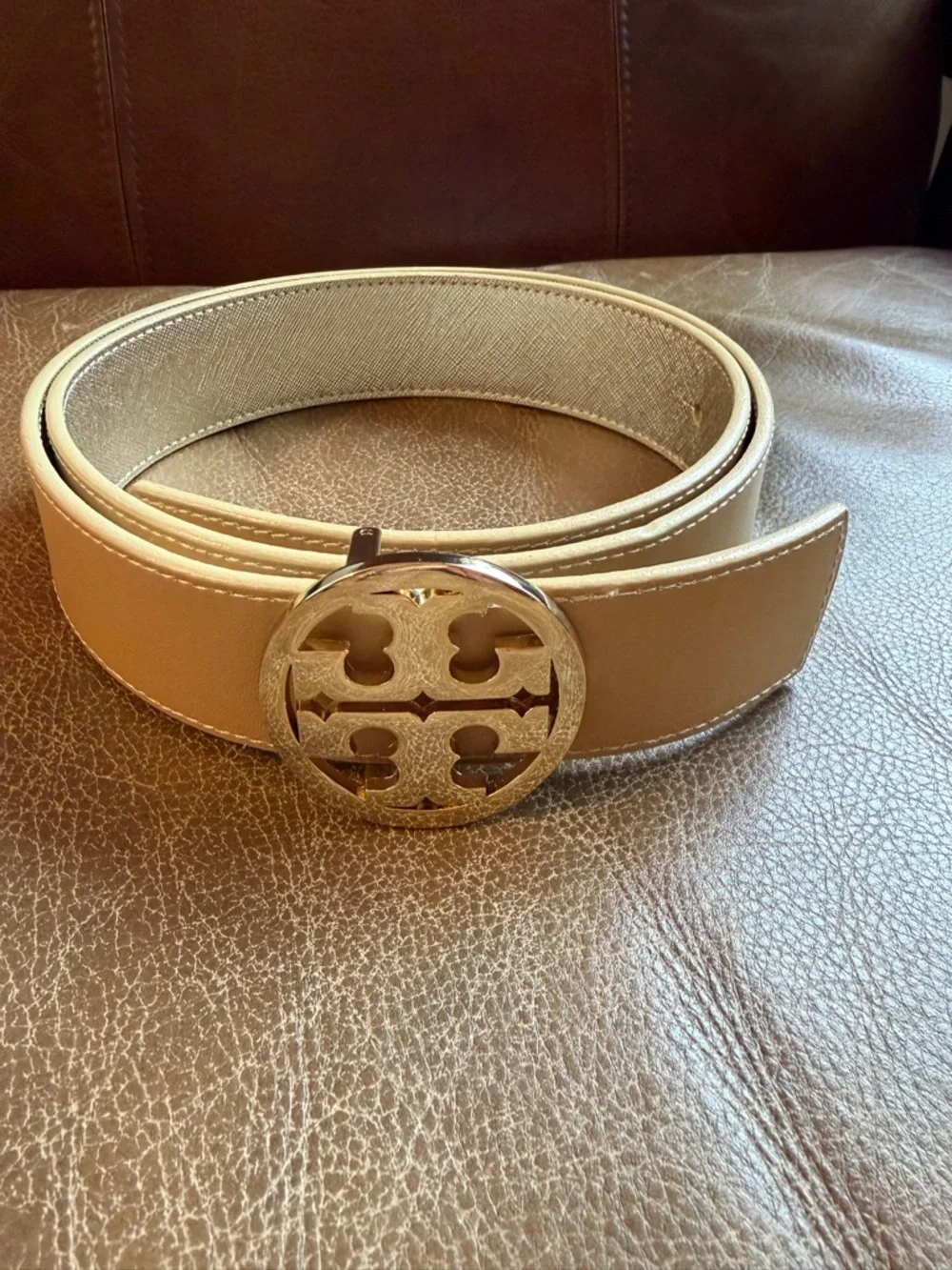 Tory Burch reversible Beige Leather Belt Gold Buckle, gold on the reverse side - Picture 1 of 5